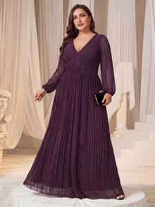 EVERPRETTY Vestido de noche formal elegante de manga larga con cuello en V profundo, transpirable, color morado, adecuado para invitados de boda, banquetes, bailes de graduación, vestidos formales para madres de la novia, vestidos semiformales elegantes para mujeres en primavera - Morado - Ver 2