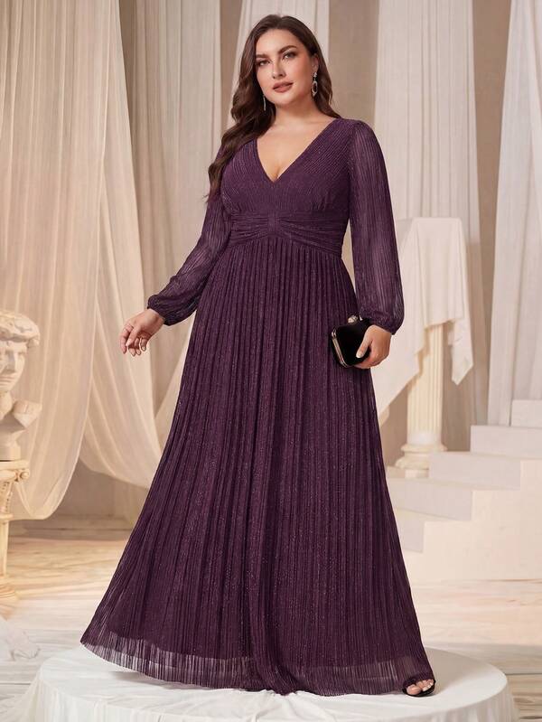 EVERPRETTY 大码优雅深V领透气长袖紫色正式晚礼服舞会礼服，适合婚礼宾客、宴会、派对、舞会、婚礼宾客正式礼服、新娘母亲礼服、半正式女士晚礼服、优雅新娘母亲春季礼服