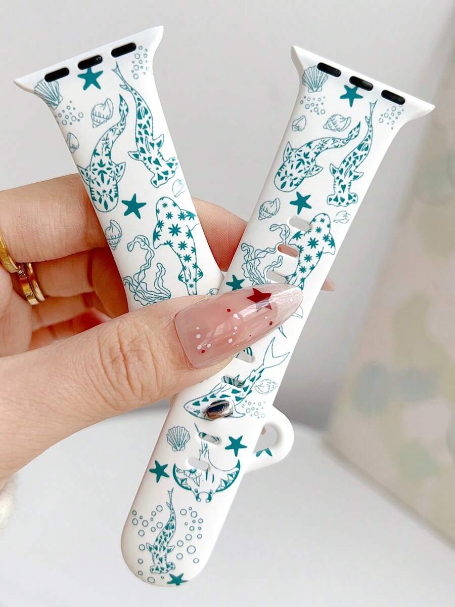 1条海洋元素鲨鱼图案硅胶表带，兼容 38mm 40mm 41mm 42mm 44mm 45mm 49mm (S10 42mm) (S10 46mm)，时尚柔软硅胶运动表带，适用于 Ultra 2 S10 SE 9 8 7 SE 6 5 4 3 2 1，适合搭配服装、日常佩戴、度假。 - 彩色 - 查看 1