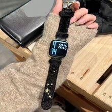 1pc Women's Star Velvet Leather Band, Compatible With 42mm, 38mm, 40mm, 41mm, 44mm, 45mm, 46mm, 49mm Series, Fashionable Smart Watch Replacement Strap, Suitable For Series Ultra2, Ultra SE2, SE 11, 10, 9, 8, 7, 6, 5, 4, 3, 2, 1 - Black - View 1