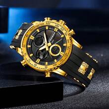 Foxbox LIGE新款太阳能男士双显石英表休闲商务多功能腕表金色表壳低调简约男士腕表 - 黑色 - 查看 6