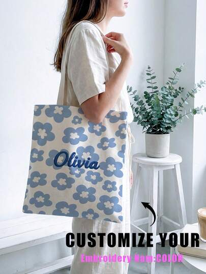 1pc Customized Canvas Bag, Unique Design (Photo, Landscape, Illustration), Foldable, Large Capacity, Lightweight, Stylish, Personalized Tote Bag, Shoulder Bag, Casual Shopping Bag Shop Back To School