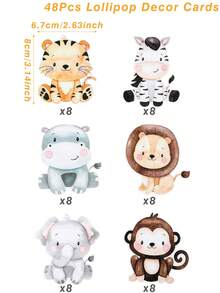 48张丛林动物棒棒糖装饰卡片，丛林动物图案棒棒糖卡片，丛林动物主题生日派对用品，婴儿派对装饰，新娘送礼会包装用品，生日装饰，丛林动物装饰，生日礼物，派对小礼品，生日礼品袋填充物，生日卡片 - 叢林動物 - 查看 9