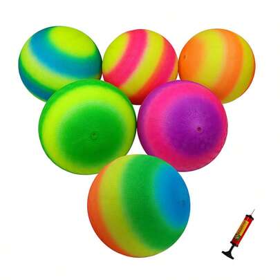 Rainbow Dodgeball With Pump Is Suitable For Indoor Games And Outdoor Sports. It's A Playground Ball, A PVC Inflatable Ball With Anti-Slip Ripples, A Soft And Highly Elastic Ball, And Ideal For Camping, Parent-Child Activities, And School Recreation.