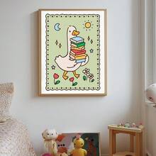 1幅帆布防水墙画，带框装饰画，适合儿童房，傻鹅读书海报，可爱鹅，儿童房装饰，现代艺术印刷品，傻鹅农场动物设计，卡通动物装饰画 - 彩色 - 查看 6