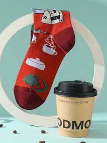 1 Pair Men's Crew Socks With Creative Coffee Themed Asymmetric Pattern Design, Fashionable And Personalized, Breathable And Moisture-Wicking, Suitable For Casual, Sports And Daily Wear In Spring, Summer And Autumn - Multicolor - View 3