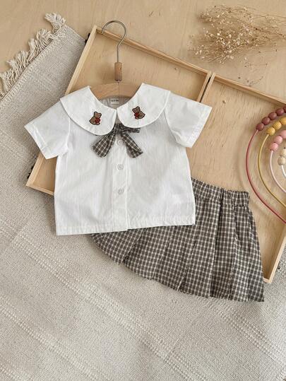 2pcs/Set Cute Baby Girl Peter Pan Collar White Shirt With Bear Embroidery + Plaid Pleated Skirt, Summer