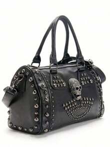 Borsa Boston da donna in stile punk con teschio e borchie, borsa a tracolla dallo stile unico e dark da biker - nero - Visualizzare 2