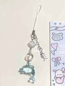 1pc Summer Cute Ocean Element Dolphin Crystal Pearl Heart Fish Bone Pendant Short Lanyard, Ins Style Women Beaded Camera Strap Compatible With Phone Case - Multicolor - View 6