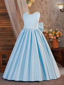 Vestido de daminha de honra elegante, sem mangas, com decote nas costas, costas abertas e detalhes em pérolas sintéticas, ideal para festas de aniversário, casamentos e ocasiões formais. Não inclui tiara. - Baby Azul - Ver 3