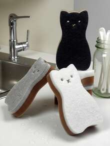 4pcs Cat Shaped Sponge Scrubbers, Cartoon 3-Layer Dish Washing Sponge, Cleaning Sponge Pads, Kitchen Cleaning Sponge Blocks - Multicolor - View 4