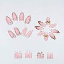 24Pcs Minimalism Style Yellow & Pink Flower Decor French Manicure Medium Almond Shaped Artificial Nail Tips, Suitable Office Ladies, Daily Wear, Dates, Afternoon Tea, Outdoor Activities Press On Nails Nail Supplies Nails - 彩色 - 查看 4