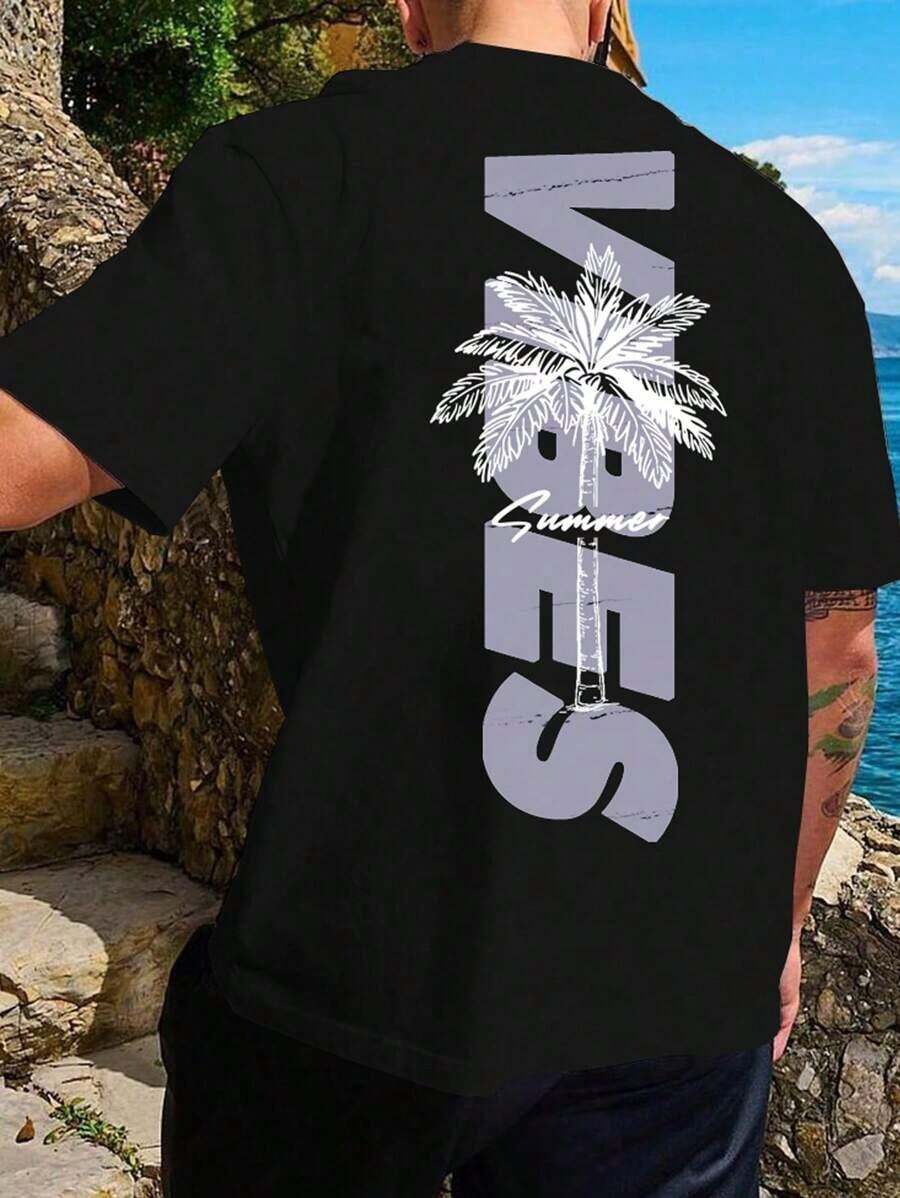 Camiseta casual de manga corta con cuello redondo, estampado gráfico de árbol de palma y texto para hombres en verano, regalo para novio, para salir - Negro - Ver 1