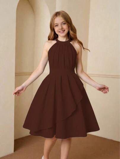 Girls' Elegant Cold Shoulder Mid-Length Dress, Waist Cinched And Asymmetric Hem, Fashionable Elegant Princess Dress For Spring/Summer, Suitable For Parties, Banquets, And Outings