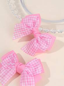 2个/套 女孩粉色蝴蝶结发夹，可爱粉色格子鳄鱼夹，柔软缎面蝴蝶结发夹，甜美优雅休闲发饰，女孩和婴儿生日礼物 - 粉色 - 查看 5
