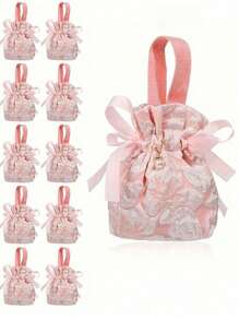 Túi quà họa tiết hoa, túi quà bằng vải bố màu hồng có quai xách, túi quà đựng kẹo mini có dây rút. - Nhiều màu - Xem 3