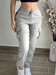 Women's Fashion Elegant Solid Color Casual Pocket Elastic Waist Drawstring Cargo Pants - Hồng 25 - Xem 6