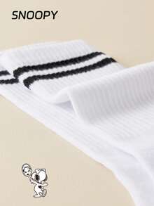 5/1 Pair SNOOPY Women's Mid-Calf Socks, Double Stripe Sports Socks, Cute Cartoon Pattern, Sweat-Absorbent, Casual, Versatile - Multicolor - View 5