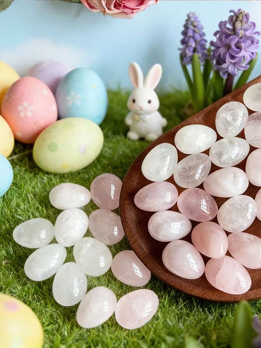 QYDCX Natural Egg-Shaped Crystal, White Quartz And Rose Quartz Amulet DIY Jewelry Crystals, Chakra Balancing Natural Polished Egg-Shaped Gemstone Set, Wholesale, Perfect Birthday And Easter Exclusive Gift - Rose Quartz + White Quartz - View 1