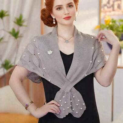 1件珍珠针织时尚披肩，新款轻盈雪纺肩部防晒围巾，春夏百搭，空调房内女士外套