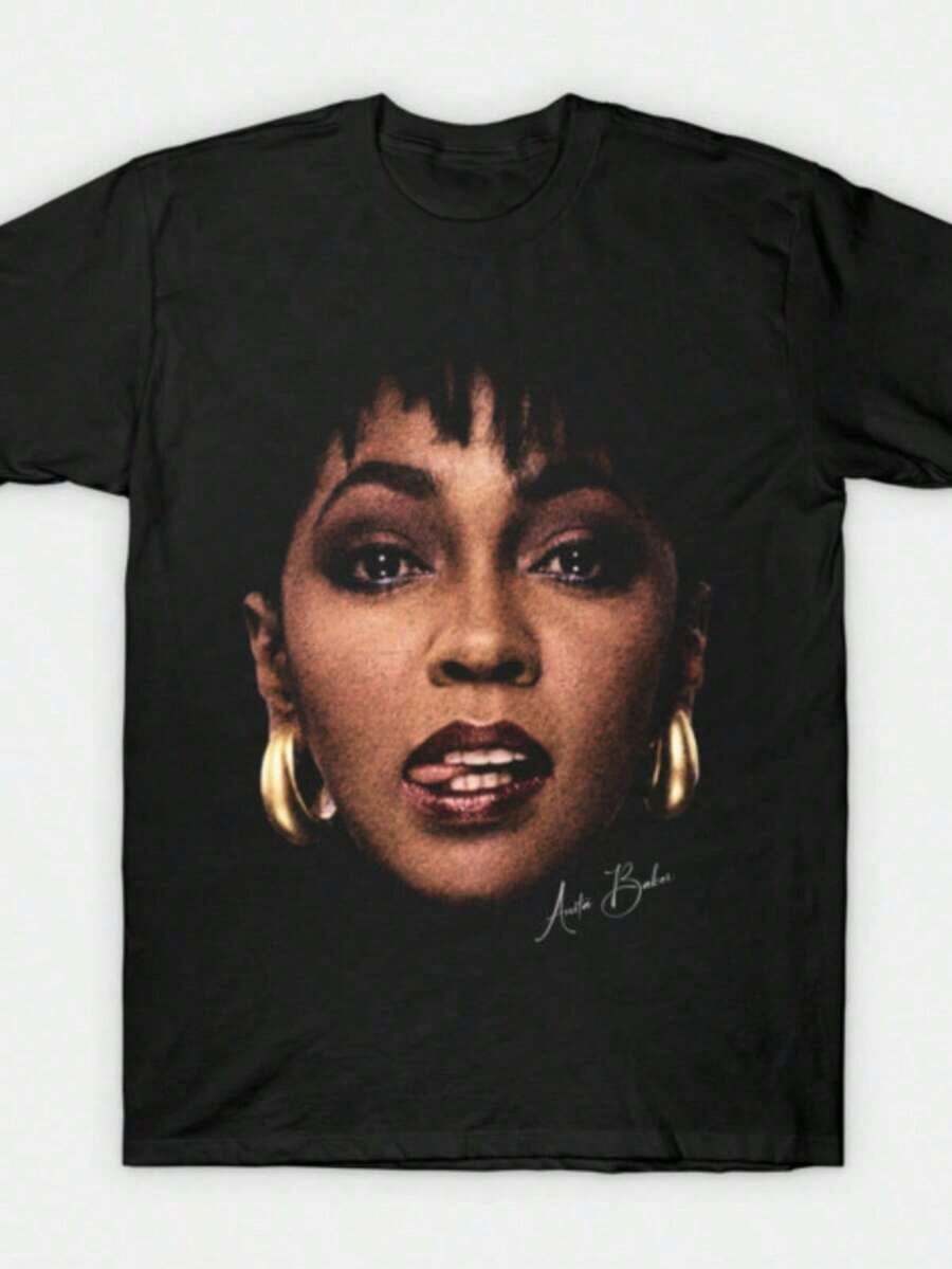 Vintage Anita Baker Big Head T-Shirt Unisex Retro R&B Graphic Tee Must-Have For 80s Music Fans Soft Comfy Top Perfect For Concerts Hangouts Gag GiftsWomen's Summer Tops: Retro-Style T-Shirts - 黑色 - 查看 1