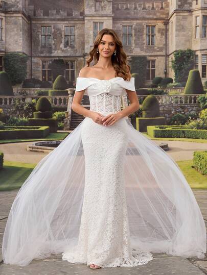 HEARBOBO Vintage Medieval Colorblock Satin White Lace Baroque Style Wedding Dress, Suitable For Graduation Ceremony, Banquet And Other Occasions