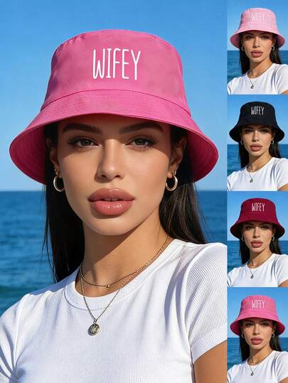 1/2顶 时尚宽檐WIFEY字母遮阳帽，女士款，春夏新款防紫外线户外休闲百搭渔夫帽，秋冬季也可作为波西米亚风巴拿马帽佩戴