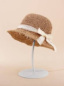 1 pieza Sombrero de paja tejido a mano con cordón para protección solar para niña bebé de 1-2 años, primavera/verano - Arco - Caqui - Ver 4