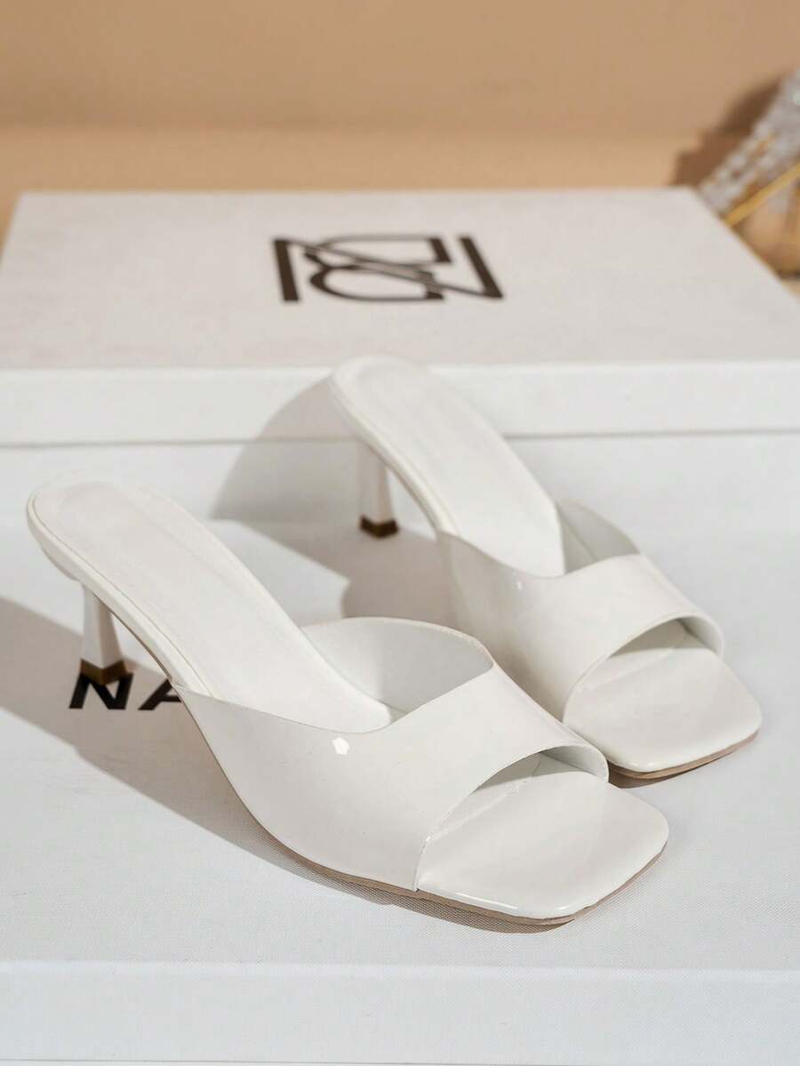 NANBEI ZUO Spring/Summer Wedding Vacation Event Elegant Fashion Versatile Square Toe Kitten Heel White Patent Leather Mule Open Toe Classic Women's High Heel Sandals