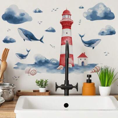 ملصق ديكور جداري بتصميم حيوانات البحر والفنار والحوت والسحب، بتصميم ملون لحيوانات البحر، للاستخدام في غرفة المعيشة وغرفة النوم والحمام والأبواب، ملصق ذاتي اللصق قابل للإزالة من مادة البي في سي، لاستخدام واحد
