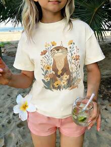 1pc Tween Girl Printed Short Sleeve T-Shirt, Student Youth Clothing, Summer Gift For Kids - Apricot - View 1