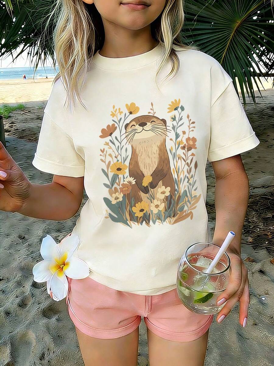 1pc Tween Girl Printed Short Sleeve T-Shirt, Student Youth Clothing, Summer Gift For Kids - Apricot - View 1