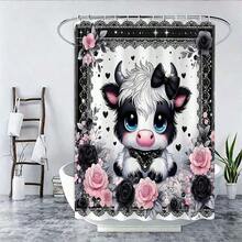 1件/4件套卡通可爱蝴蝶结小牛图案浴室浴帘套装 - A - 查看 7