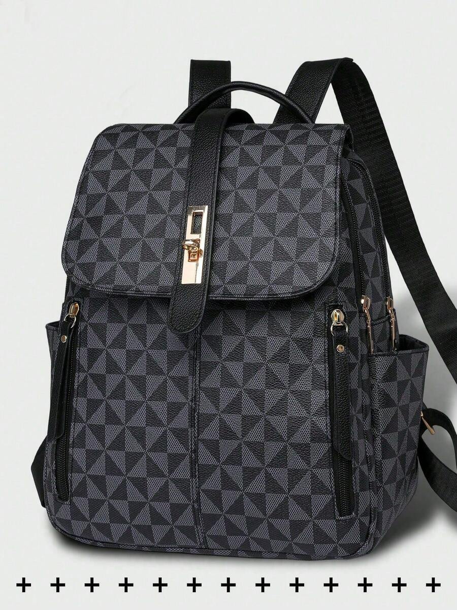 Women's Anti-Theft Geometric Pattern PU Soft Leather Backpack, Multifunctional Fashion Daily Bag, Multi-Pocket Lightweight Travel Bag, Large Capacity Minimalist Bookbag, Convenient Backpack Suitable For Students, Nurses, Teachers, Business Professionals, Travel, Commuting, Shopping, Office, Dating, Hiking, Training, Work, Birthday Gift, Holiday Gift - 彩色 - 查看 1