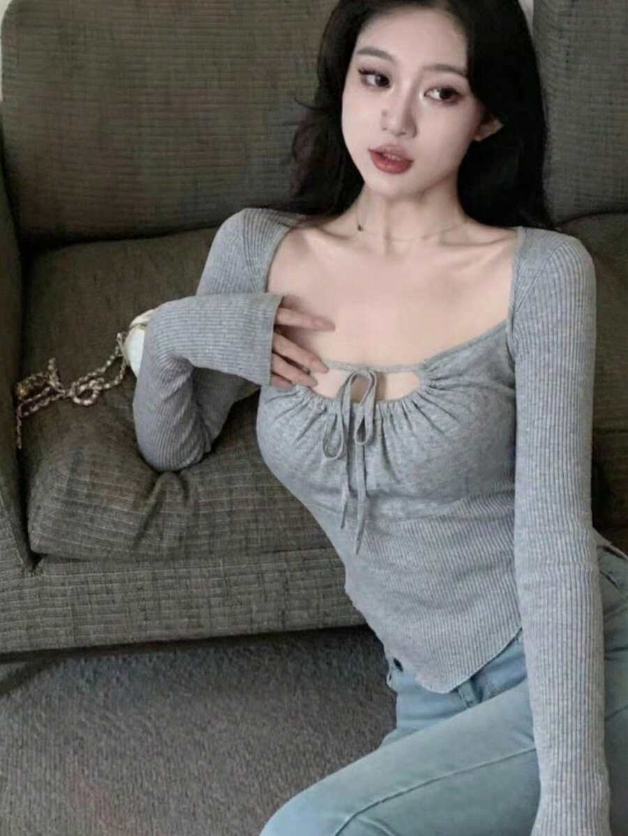 Spring/Summer New Fashionable Drawstring Tie Neck Long Sleeve Cropped Top Women, Open Slit Flare Sleeve Fitted Slim Blouse, Chic Casual Wear Showing Collarbone - Grey - View 1