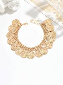 2pcs/Set Summer Beach Coin Pendant Anklet, Elegant Multi-Layer Anklet Set, Suitable For Vacation And Pool Party, Bohemian Style Foot Jewelry - Gold - View 2