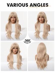 24英寸金色长卷发假发，带刘海，女士合成假发，时尚百搭，适合日常佩戴、派对、角色扮演、度假、家庭聚会、母亲节礼物、开斋节礼物、返校礼物、女孩礼物、夏季毕业礼物、万圣节和圣诞节礼物。 - 金色 - 查看 10