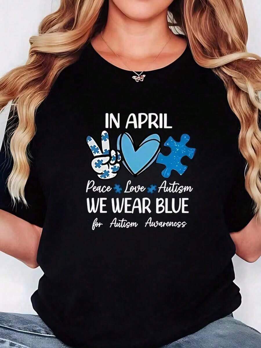 Camiseta Casual de Talla Grande para Mujer con Estampado "En Abril Usamos Azul para la Concientización sobre el Autismo" - Manga Corta, Cuello Redondo, Tela Elástica, Patrón Geométrico, Top de Moda Primavera-Verano, Blusa de Talla Grande - Negro - Ver 1