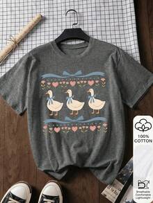 Cute Retro 90s Blue Ribbon Goose Pattern, Women's Summer Plus Size Crew Neck Short Sleeve T-Shirts (1XL-5XL), Suitable For Various Occasions, Can Be Given As Gifts For Holidays, Birthdays, Music Festivals, Etc. A Comfortable And Versatile Casual Item, Also Suitable For Beach Vacations, Simple And Stylish, Suitable For Women And Girls' Daily Wear - Xám - Xem 2