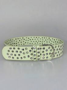 新款浅绿色金属铆钉腰带，超宽复古朋克Y2K皮革腰带 - 彩色 - 查看 3