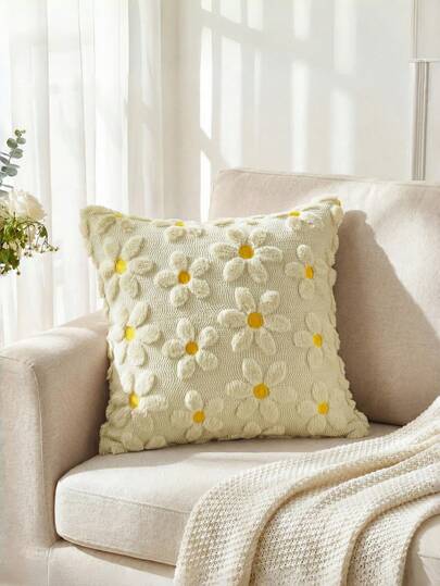 Ensemble de 1 housse de coussin décorative rose printanière et estivale avec motif de marguerites. Décoration de ferme saisonnière et festive avec fleurs jaunes en forme de cœur. Doux et moelleux en jacquard de fausse fourrure pour la maison et le canapé.