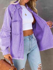 Plus Size Women's Loose Fit Pink Jacket With Raglan Sleeves And Tassel Trim, Suitable For Spring And Autumn Casual - Purple - View 5
