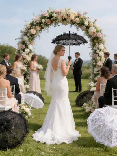 1pc White/Black Lace Wedding Umbrella, Bridal Parasol, Wedding Photo Prop, Wedding Venue Decoration, Bride, Groom, And Bridesmaid Supplies, Wedding Parties, Bachelor/Bachelorette Parties, Birthday Gifts, Perfect For Weddings, Parties, Gift Ceremonies, And Birthdays