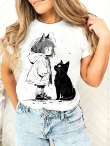 Maglietta grafica Anime & Cat per donna - Tessuto elasticizzato, morbido e traspirante, leggera, casual, girocollo, per l'estate, lavabile in lavatrice, top alla moda conveniente, maglietta anime - nero - Visualizzare 6