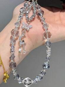 1pc "Icy Blue" Transparent Blue Moon & Star Crystal Beaded Summer New Candy Phone Lanyard, Luxury Crystal Exquisite Sparkling Niche Phone Hanging Chain - Multicolor - View 3