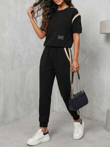 Conjunto de 2 piezas de mujer con camiseta de cuello redondo de manga corta con rayas de contraste y pantalón lápiz de cintura elástica recto, adecuado para primavera, verano y otoño, elegante en negro - Negro - Ver 3