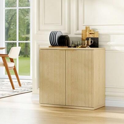 Modern Storage Cabinet With Pleated Front And Metal Handle, Multifunctional Sideboard Cabinet For Living Room & Bedroom, Natural Light Wood Decor, Oak, 60x30x70 Cm