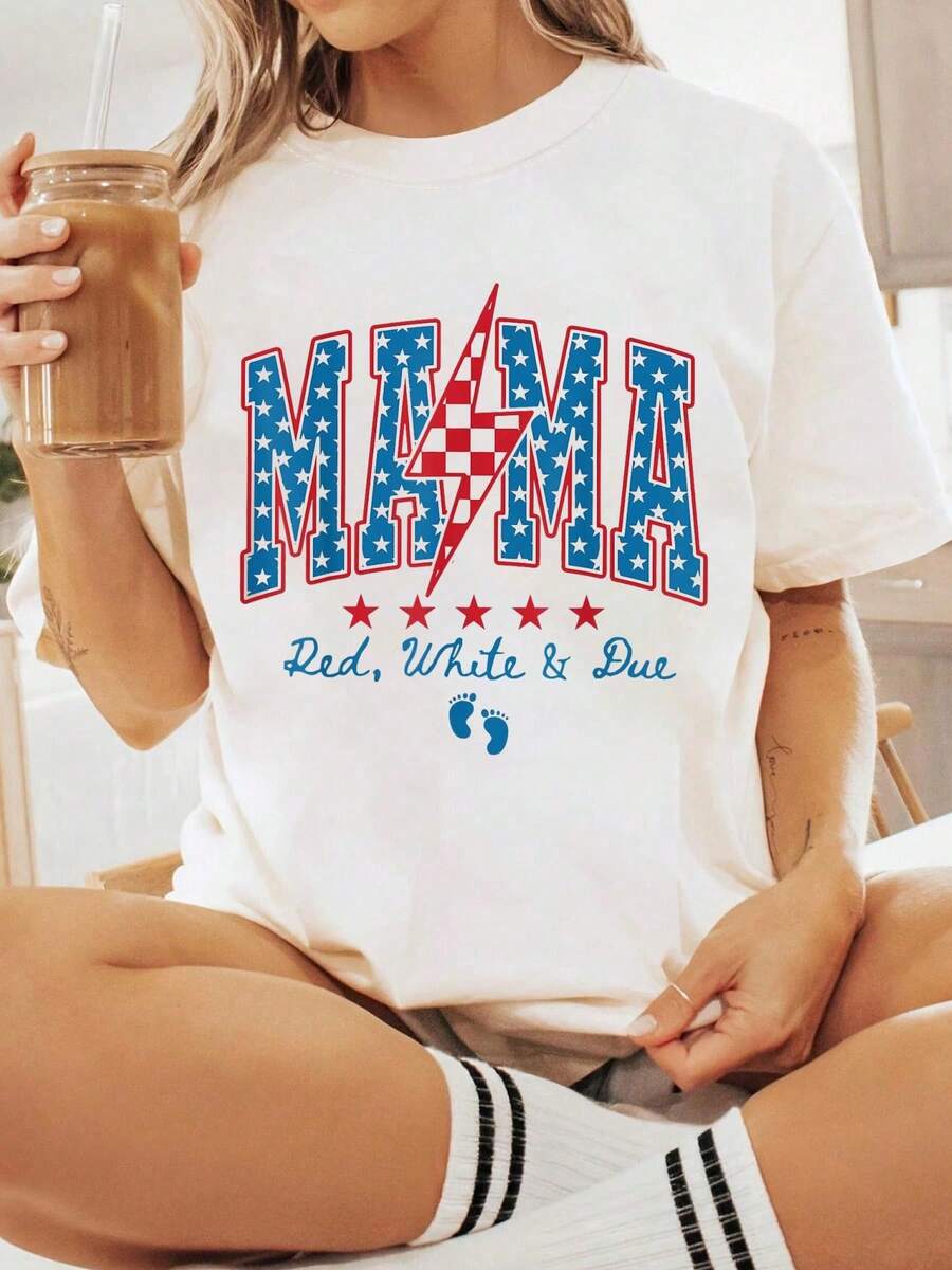 Mama Red White And Due 4th Of July Pregnancy Announcement T-Shirt - 白色 - 查看 1