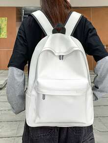 1pc Versatile Black Minimalist Campus Style Backpack, Large Capacity Fits 12-Inch Tablet, PU Leather Laptop Bag - White - View 2