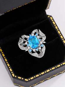 创意镂空花朵蓝色几何可调节戒指，日常佩戴及送礼佳品，女士珠宝 - 白色 - 查看 1